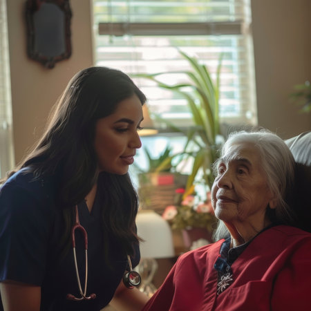 A compassionate caregiver in scrubs, with a stethoscope, attentively communicates with an elderly woman in a comfortable indoor settingの素材
