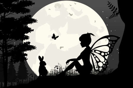 cute fairy and moon silhouetteのイラスト素材