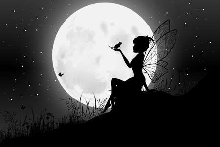 cute fairy and mouse silhouetteのイラスト素材