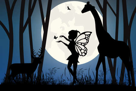 cute fairy and moon silhouetteのイラスト素材