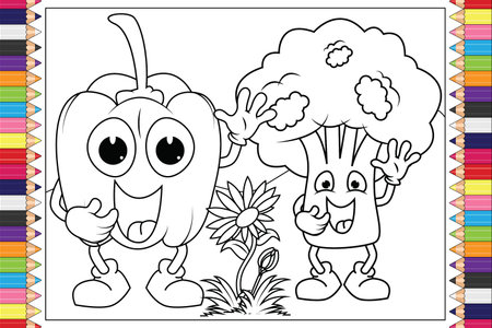 Coloring book or page for kids - Vegetables with funny facesのイラスト素材