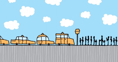 People queue waiting to board a taxi cabのイラスト素材