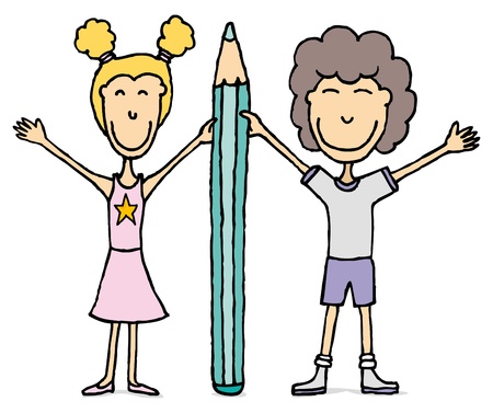 Kids drawing / Boy and girl holding big pencil.のイラスト素材