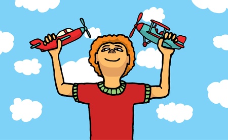 Boy playing with toy planesのイラスト素材