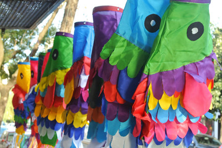 Colorful decoration fishes hanging together