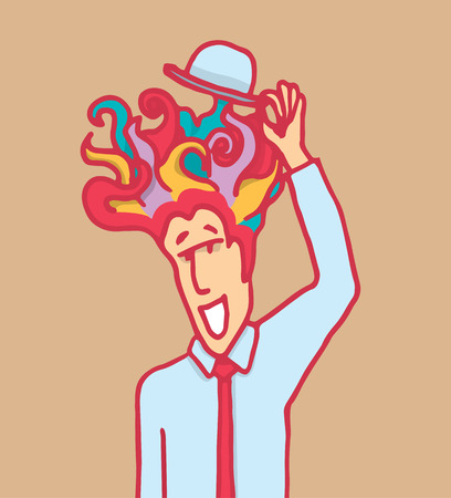 Man with colorful hair lifting his hat showing his creativityのイラスト素材