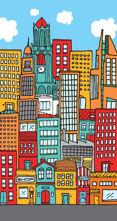 Illustration of a city with lots of colorful buildingsのイラスト素材