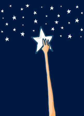 Cartoon illustration of long arm reaching for his dreams and grabbing a shining starのイラスト素材