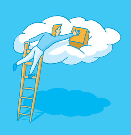 Cartoon illustration of a man uploading data by cloud computingのイラスト素材