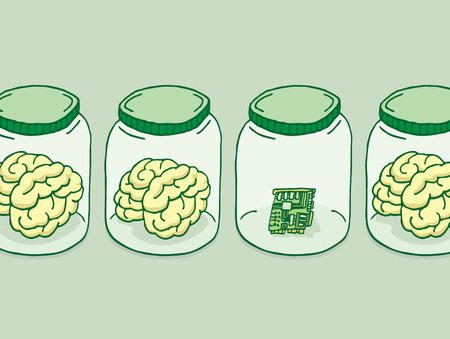 Cartoon illustration of artificial intelligence besides brains in jarsのイラスト素材