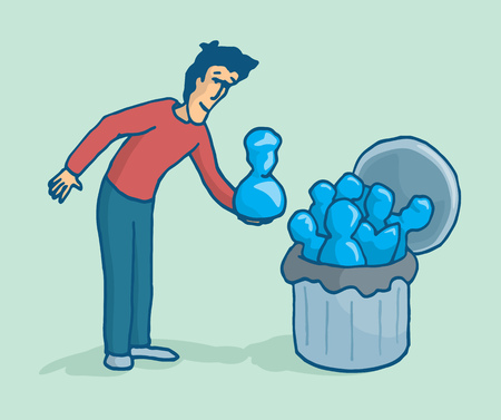 Cartoon illustration of a man cleaning up his list of social network contacts or throwing them to a binのイラスト素材