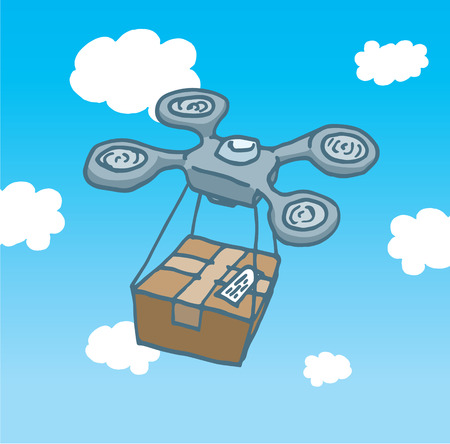 Cartoon illustration of a drone copter flying and delivering a post office box のイラスト素材
