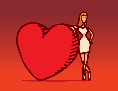 Cartoon illustration of a woman leaning on big love or valentine heartのイラスト素材