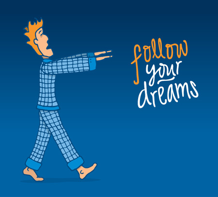 Cartoon illustration of a somnambule man following his dreams のイラスト素材