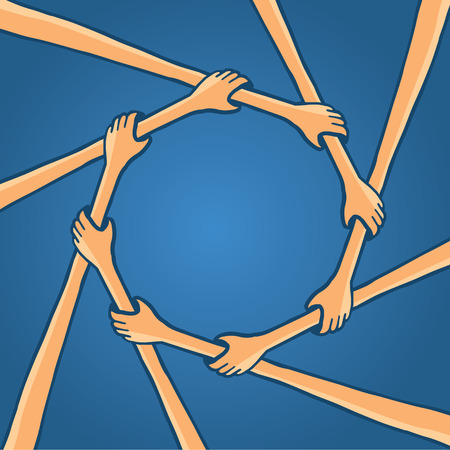Cartoon illustration of cooperation on circle of hands helping each other and holding togetherのイラスト素材