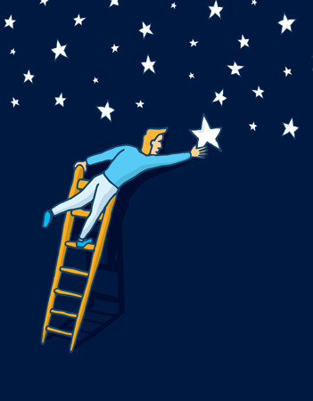 Cartoon illustration of man climbing a ladder to grab the star or arrange night skyのイラスト素材