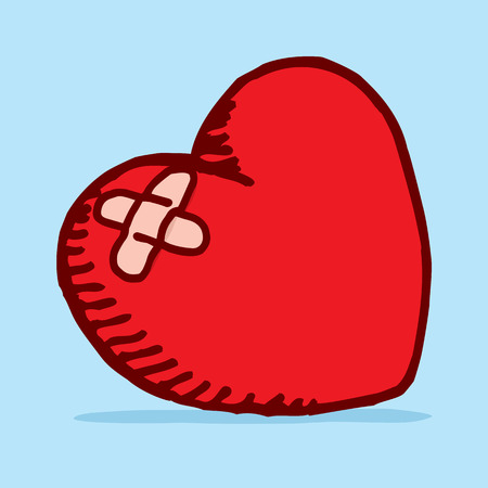 Cartoon illustration of a heart break patched with adhesive bandage curing lost loveのイラスト素材
