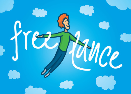 Cartoon illustration of a happy flying freelance worker in the skyのイラスト素材