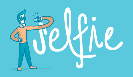 Cartoon illustration of a vain man taking a selfie next to a big wordのイラスト素材