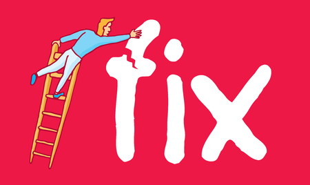 Cartoon illustration of man climbed on a ladder working on a quick fix of word.のイラスト素材