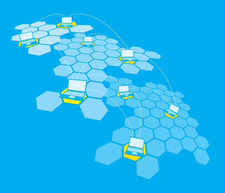 Cartoon illustration of a complex multi layered laptop networkのイラスト素材
