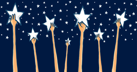 Cartoon illustration of group of hands reaching for the stars seeking success or catching dreamsのイラスト素材