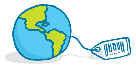 Cartoon illustration of planet earth with price tag ready to be soldのイラスト素材