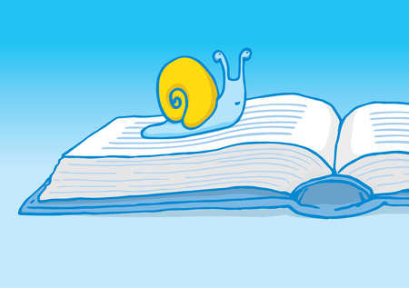 Cartoon illustration of a snail crawling on book as slow readerのイラスト素材