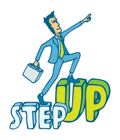 Cartoon illustration of a businessman ready to step up on word aiming highのイラスト素材