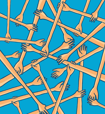 Cartoon illustration of helping hands holding joining efforts in teamwork cooperationのイラスト素材