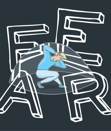 Cartoon illustration of terrified man crouching under a dome suffering fearのイラスト素材