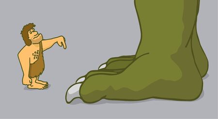 Cartoon illustration of a funny caveman training or domesticating a dinosaurのイラスト素材
