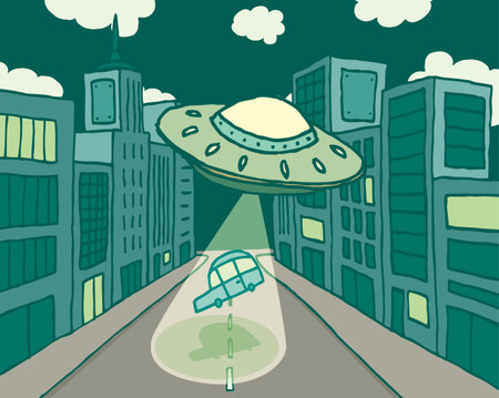Cartoon illustration of alien UFO abducting a car in the streetのイラスト素材