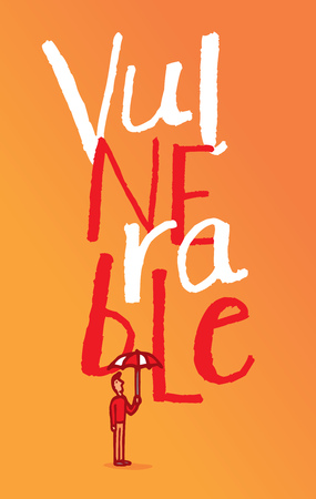 Cartoon illustration of man with umbrella under vulnerable wordのイラスト素材