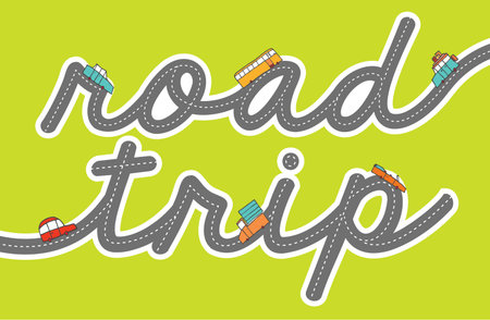 Cartoon illustration of road tip word with tiny colorful cars driving on it