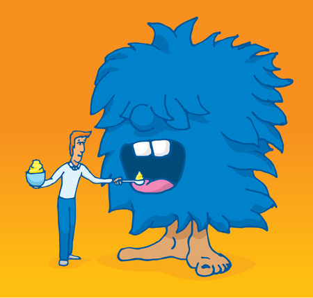 Cartoon illustration of man feeding a funny monsterのイラスト素材