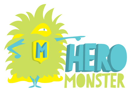 Cartoon illustration of a cute childish monster super hero standing with capeのイラスト素材