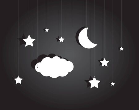 Cartoon illustration of stage hanging sky with moon, stars and cloudのイラスト素材