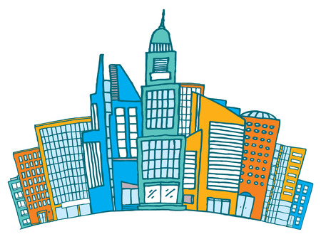 Cartoon illustration of different buildings together on busy districtのイラスト素材