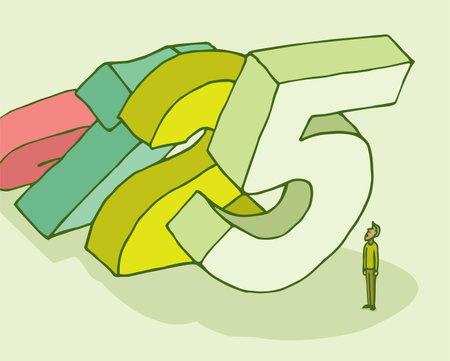 Cartoon illustration of huge numbers falling like dominoes over tiny man