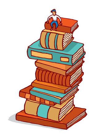 Cartoon illustration of tiny man sitting in pile of books building educationのイラスト素材