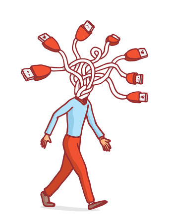 Cartoon illustration of man connecting head or usb networkのイラスト素材