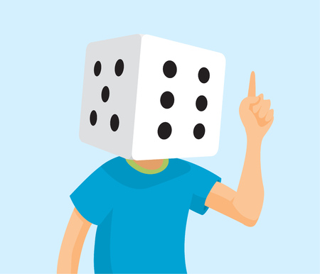 Cartoon illustration of dice head gambler thinking of gamesのイラスト素材