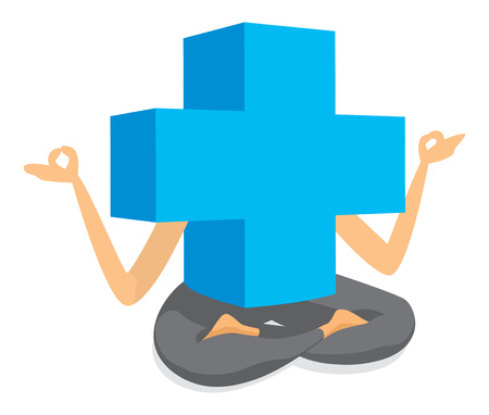 Cartoon illustration of giant health cross practising yogaのイラスト素材