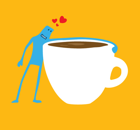 Cartoon illustration of funny character in love with coffee cupのイラスト素材