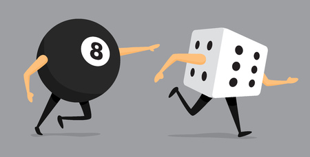 Cartoon illustration of bad luck eight ball chasing diceのイラスト素材