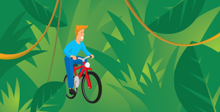 Cartoon illustration of misplaced man riding a bike in the jungleのイラスト素材