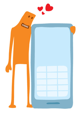Cartoon illustration of funny character loving and hugging his smartphoneのイラスト素材