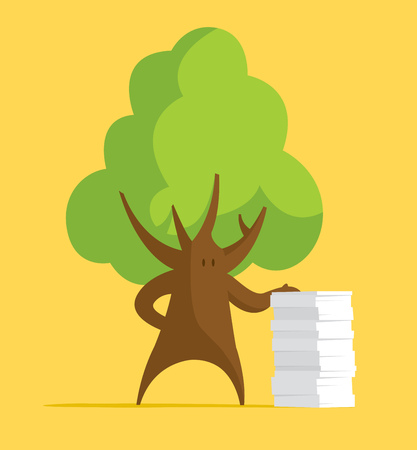 Cartoon illustration of tree leaning on paper stackのイラスト素材