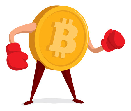 Cartoon illustration of bitcoin wearing boxing gloves ready to fightのイラスト素材